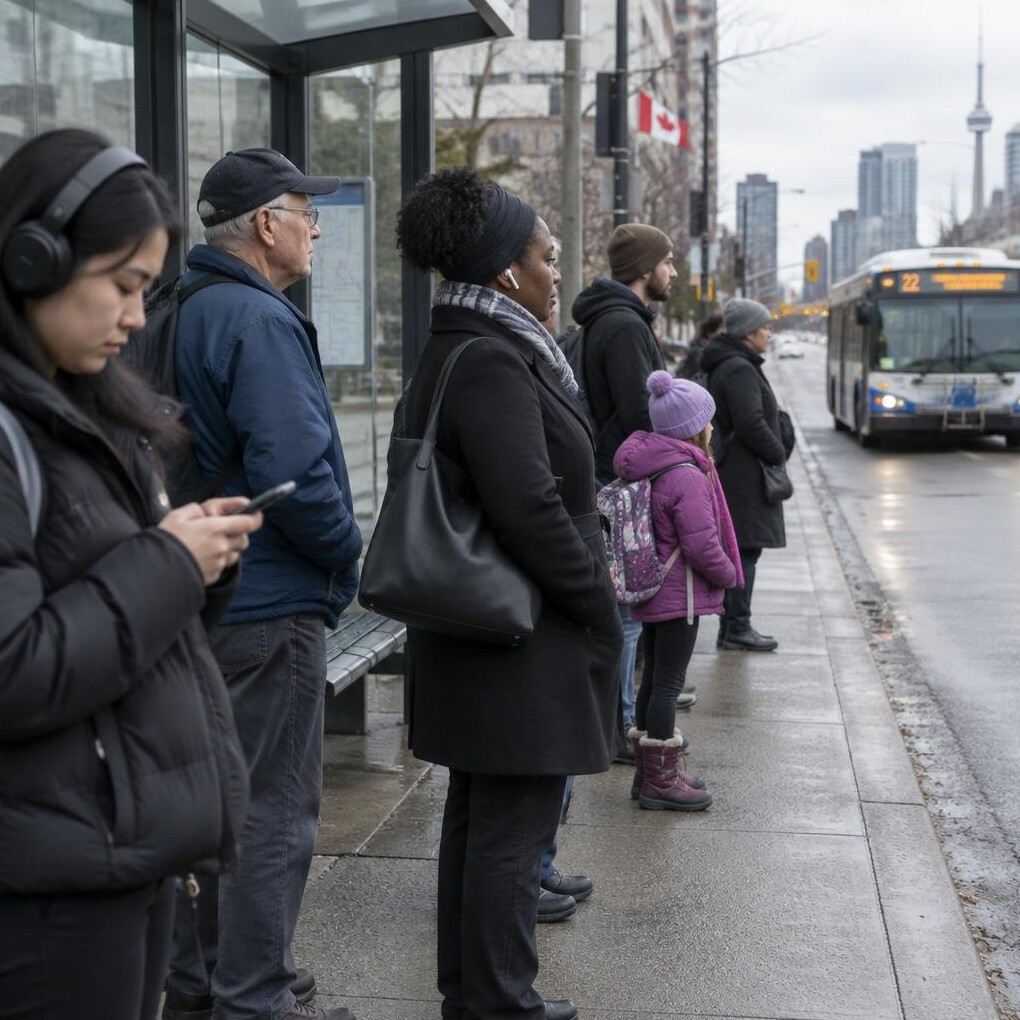 People waiting together at a public bus stop