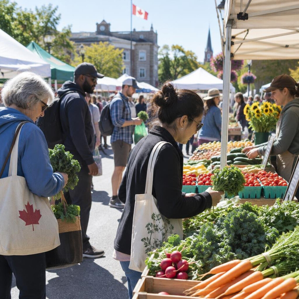 Shoppers browsing stalls at a farmers market