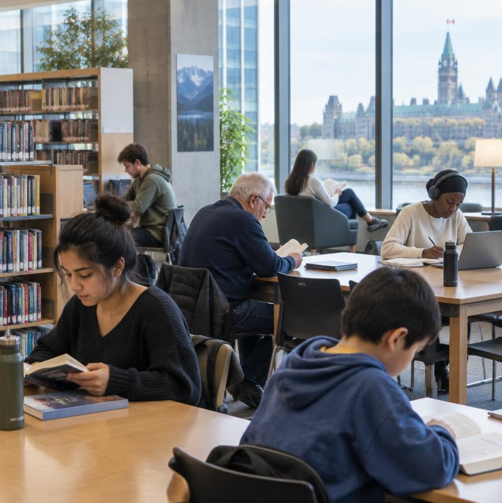People reading and studying in a public library