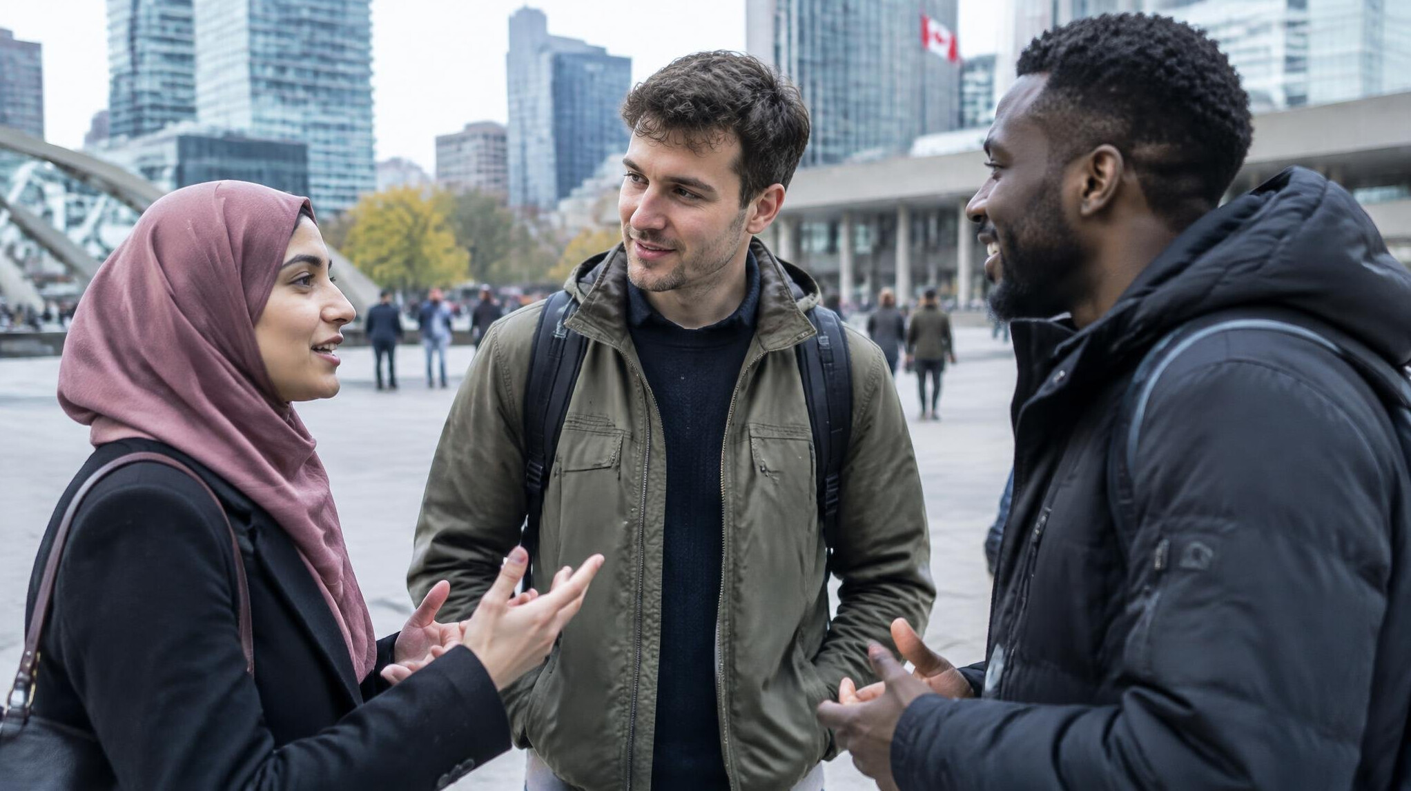 Group of people having a conversation in a public plaza