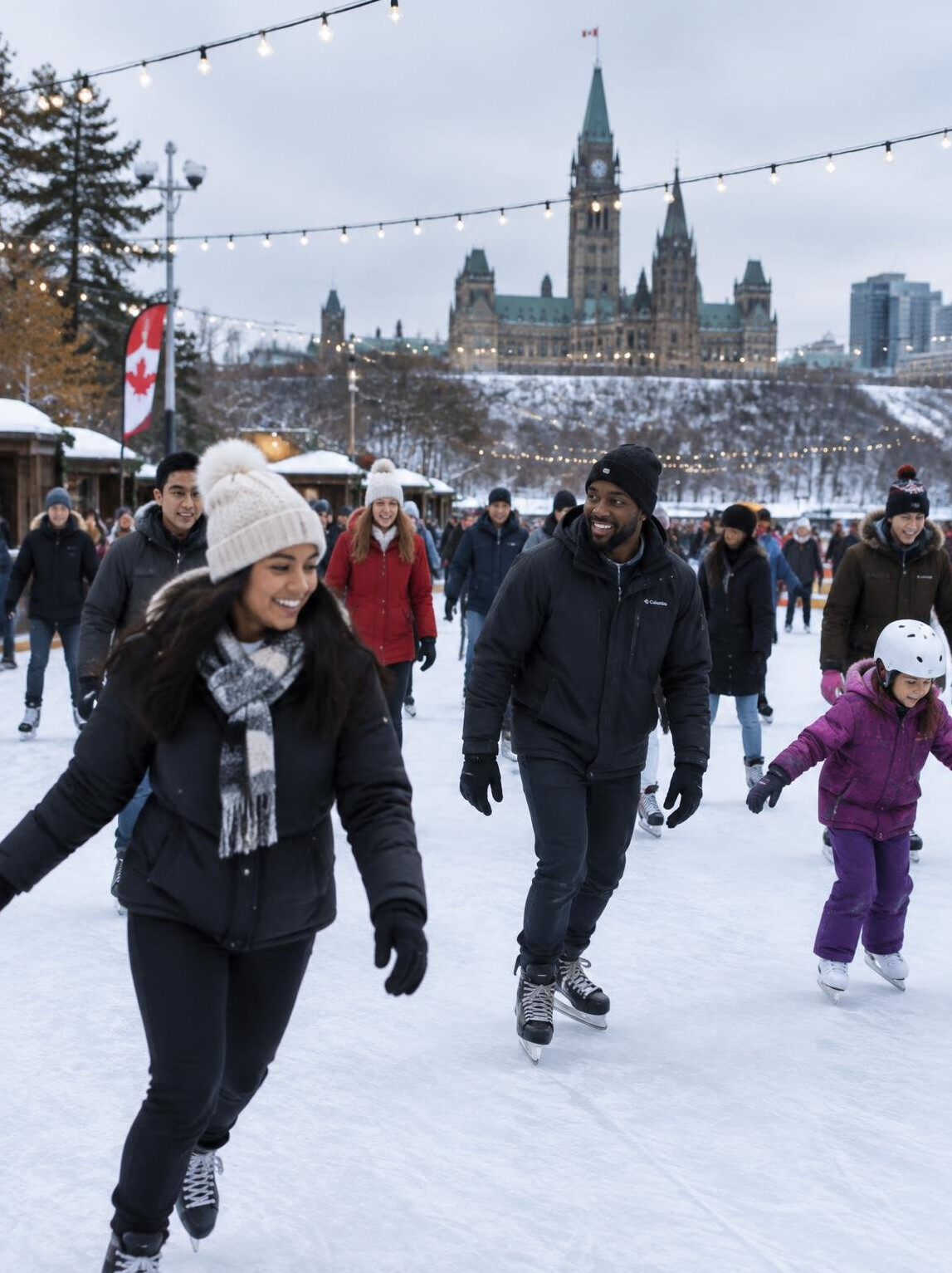 People ice skating at a public outdoor rink