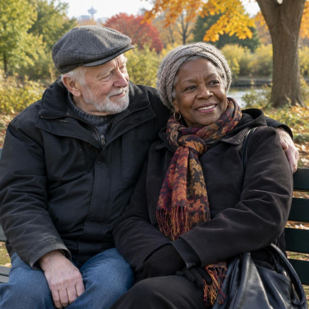 Elderly couple sitting together on a park bench