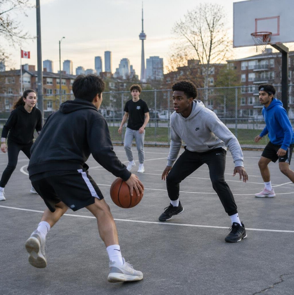 Teenagers playing basketball at a public court